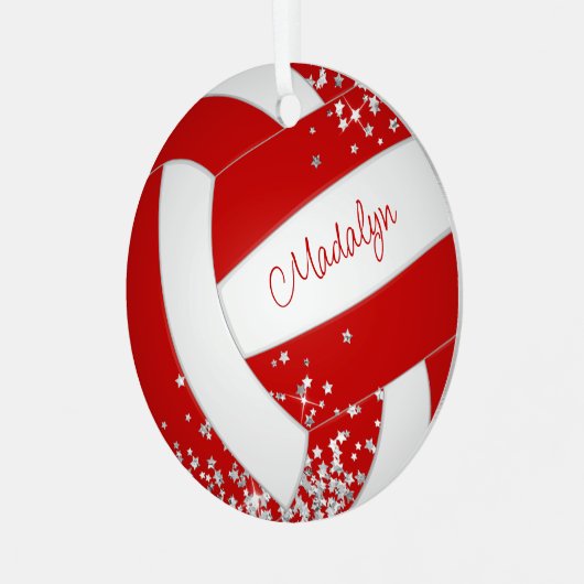 小さな銀星赤バレーボール記念の年 メタルオーナメント (正面左)