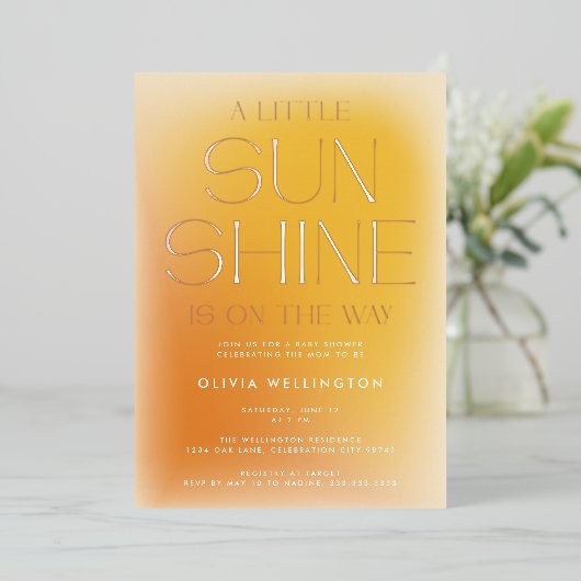小さな陽光の黄色いモダン赤んはっきりした坊のシャワー 箔招待状 (立ち正面)