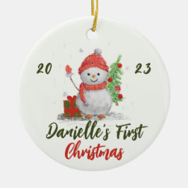 小さな雪だるまとクリスマスツリー写真 セラミックオーナメント