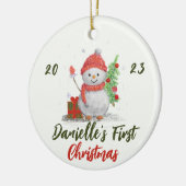 小さな雪だるまとクリスマスツリー写真 セラミックオーナメント (左)