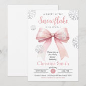小さな雪の結晶がやってくる ピンクのリボン ベビーシャワー 招待状 (正面/裏面)