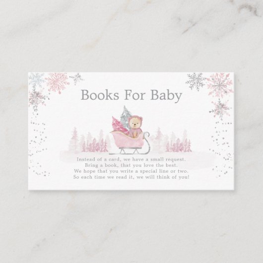 小さな雪の結晶が道にある本ベビーシャワー エンクロージャーカード (正面)