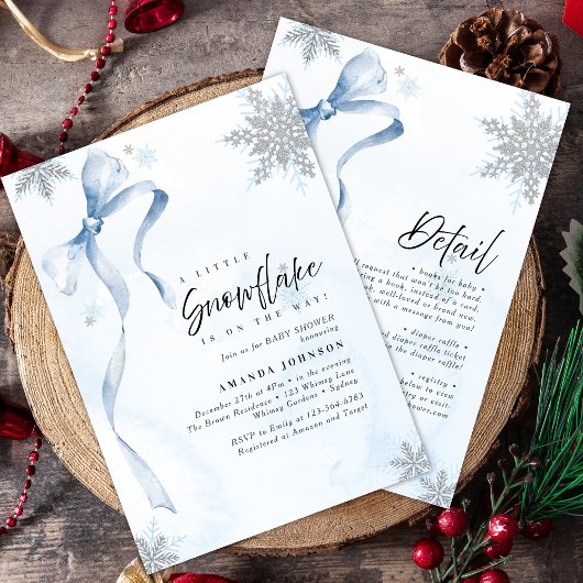 小さな雪の結晶のブルーボウグリッター ベビーシャワー 招待状
