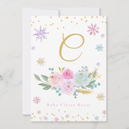 小さな雪の結晶の冬のフローラベビーガールシャワー 招待状 (裏面)