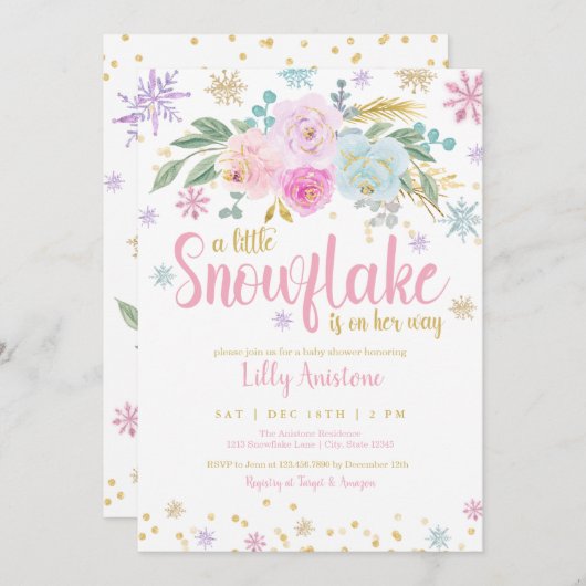小さな雪の結晶の冬のフローラベビーガールシャワー 招待状 (正面/裏面)