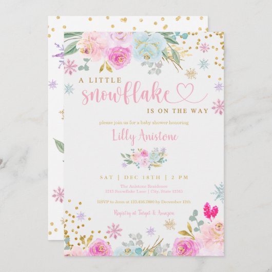 小さな雪の結晶の冬の赤ちゃん女の子シャワー 招待状 (正面/裏面)