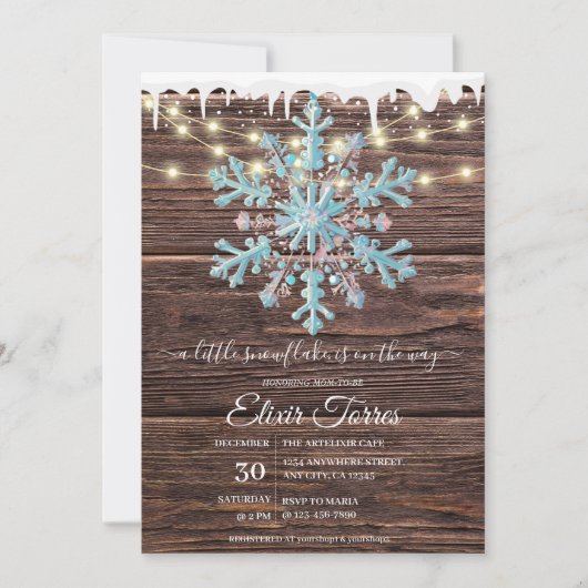小さな雪の結晶の素朴冬の赤ちゃんシャワー 招待状 (正面)
