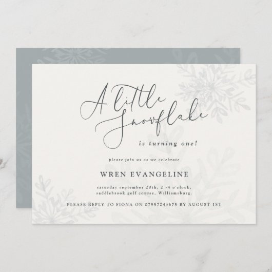 小さな雪の結晶の誕生日パーティー招待状 (正面/裏面)
