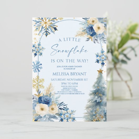 小さな雪の結晶の青い冬の赤ちゃんシャワー 招待状 (スタンド正面)