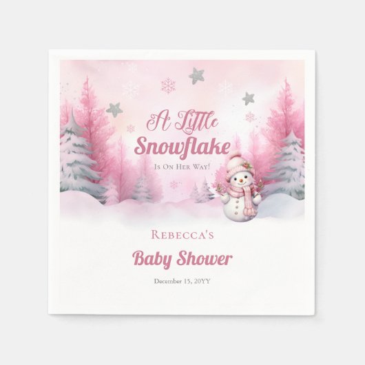 小さな雪の結晶をピンク色に染める | Snow Girl Baby Shower スタンダードカクテルナプキン (正面)