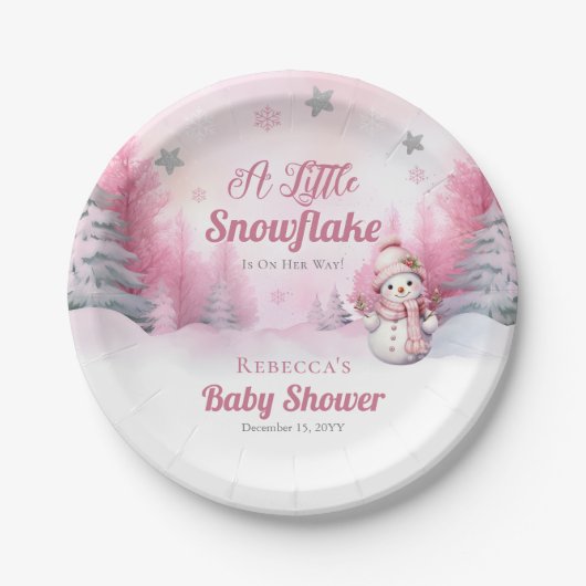 小さな雪の結晶をピンク色に染める | Snow Girl Baby Shower ペーパープレート (正面)