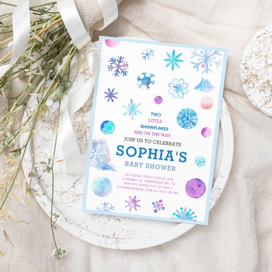 小さな雪の結晶 エレガントな双子のベビーシャワー 招待状