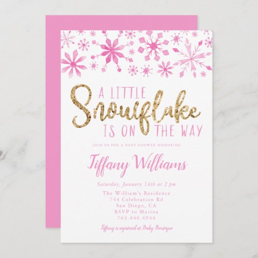 小さな雪の結晶 ピンクゴールドのベイビーシャワー 招待状 (正面/裏面)