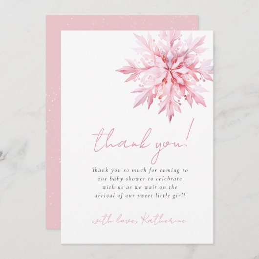 小さな雪ミニマル片ガールベイビーシャワー サンキューカード (正面/裏面)