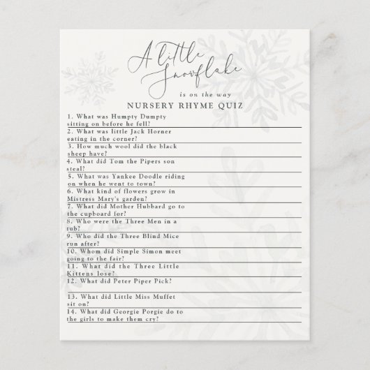 小さな雪片の冬の赤ちゃんシャワー押韻クイズ (正面)