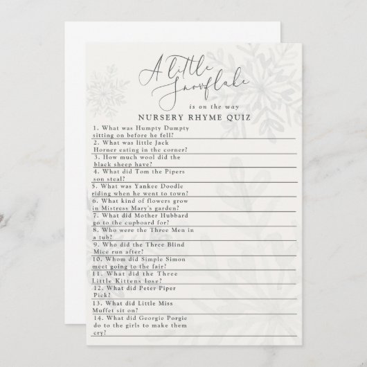 小さな雪片の冬の赤ちゃんシャワー押韻クイズ 招待状 (正面/裏面)