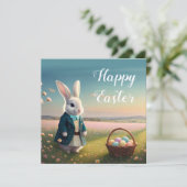 小さな青いジャケットの可愛いイースターバニー カード (スタンド正面)