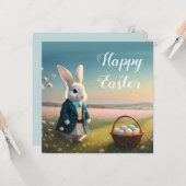 小さな青いジャケットの可愛いイースターバニー カード (正面/裏面インサイチュ)
