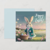 小さな青いジャケットの可愛いイースターバニー シーズンカード (正面/裏面)
