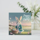 小さな青いジャケットの可愛いイースターバニー シーズンカード (スタンド正面)