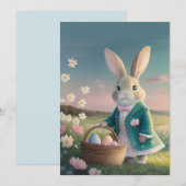 小さな青いジャケットの可愛いイースターバニー シーズンカード (正面/裏面)
