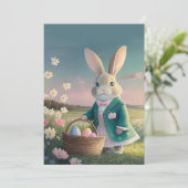 小さな青いジャケットの可愛いイースターバニー シーズンカード (スタンド正面)