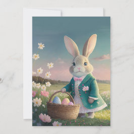 小さな青いジャケットの可愛いイースターバニー シーズンカード