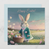 小さな青いジャケットの可愛いイースターバニー シーズンカード (正面/裏面)