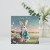 小さな青いジャケットの可愛いイースターバニー シーズンカード (スタンド正面)