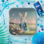 小さな青いジャケットの可愛いイースターバニー ペーパープレート (パーティー)