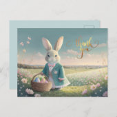 小さな青いジャケットの可愛いイースターバニー ポストカード (正面/裏面)