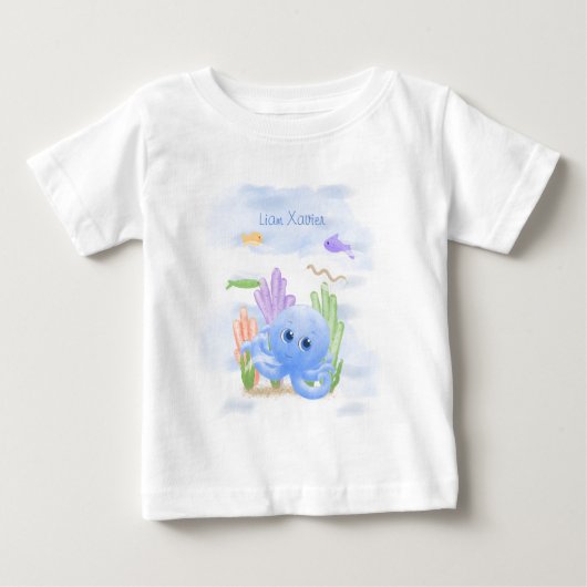 小さな青いタコのベビーTシャツ ベビーTシャツ (正面)