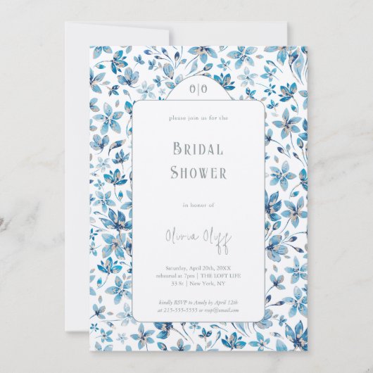 小さな青い花のブライダルシャワー 招待状 (正面)