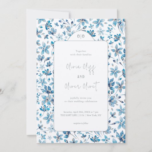 小さな青い花結婚の 招待状 (正面)