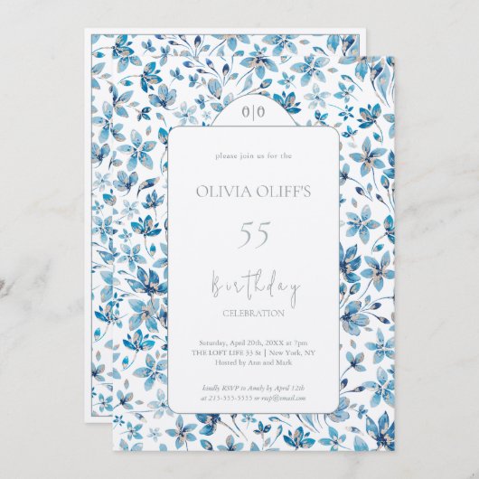 小さな青い花誕生日任意の年齢 招待状 (正面/裏面)
