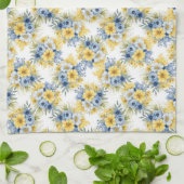 小さな青い黄色の白い花の列 キッチンタオル (折り畳み)