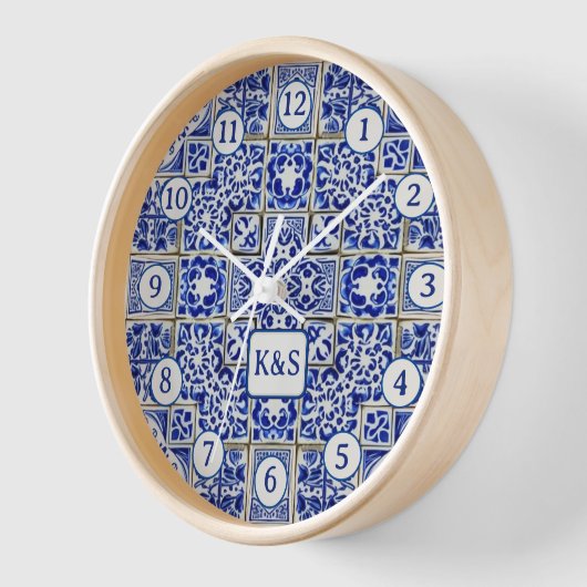 小さな青と白のタイル – クラシックオランダ中国 壁時計 (傾斜)