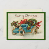 小さな青のビンテージカーのクリスマス ノートカード (正面/裏面)
