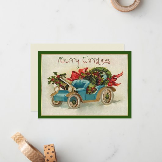 小さな青のビンテージカーのクリスマス ノートカード (正面/裏面インサイチュ)