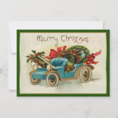 小さな青のビンテージカーのクリスマス ノートカード (正面)