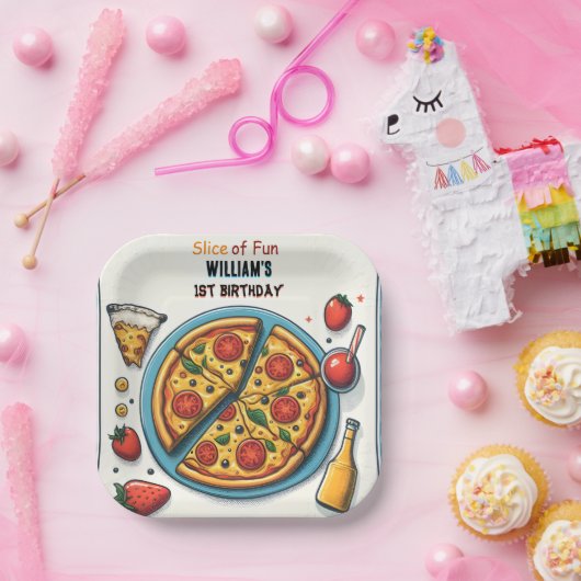 小さな食べ物の男の子の10代のピザ最初の1誕生日 ペーパープレート (パーティー)