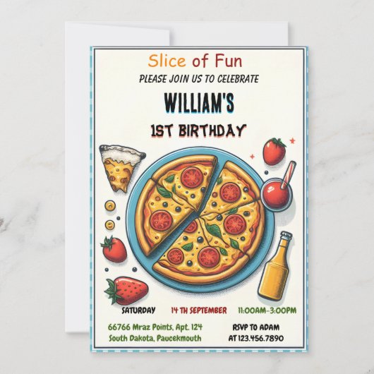 小さな食べ物の男の子の10代のピザ最初の1誕生日 招待状 (正面)