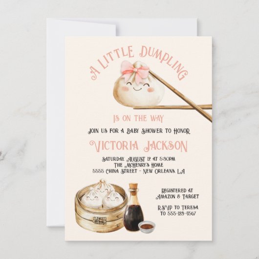 小さな餃子の薄暗い合計ガールベイビーシャワー 招待状 (正面)