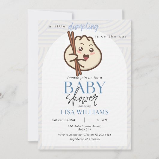 小さな餃子ほこりっぽいブルーバオアジアの赤ちゃんシャワー 招待状 (正面)