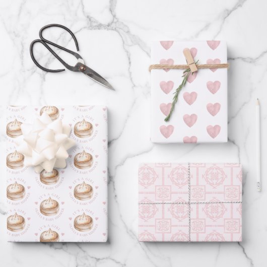 小さな餃子ピンクの水の色の女の子ベビーシャワー ラッピングペーパーシート (正面)