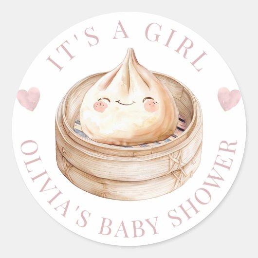 小さな餃子ピンク女の子の赤ちゃんシャワーのお気に入り ラウンドシール (正面)
