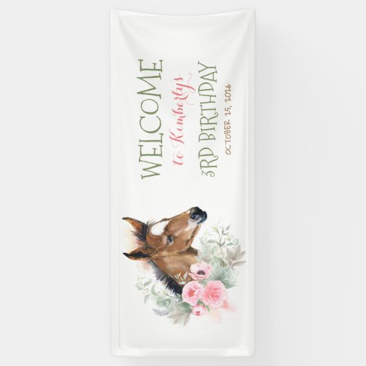 小さな馬かわいいピンクの誕生日パーティー 横断幕 (縦)