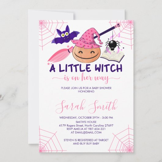 小さな魔女がハロウィーンの赤ちゃんシャワーを彼女の途中にある 招待状 (正面)