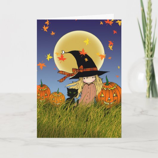 小さな魔女と黒猫のハロウィンカード カード (正面)