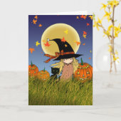 小さな魔女と黒猫のハロウィンカード カード (黄色い花)